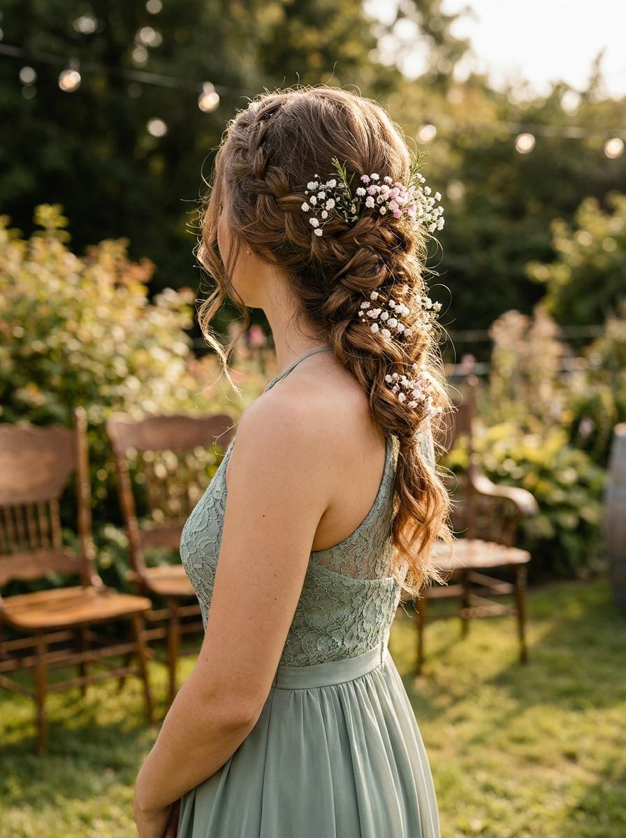Boho Flechtfrisur mit kleinen Blumen - elegante Brautjungfernfrisur